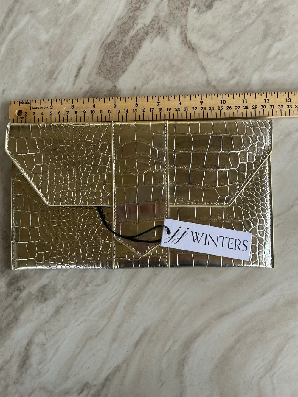 JJ Winters Nikki Gold Croc Envelope Clutch Metallic Vegan Leather Bag